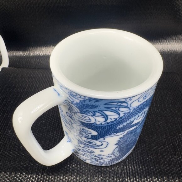 Vintage Chinese Blue Dragon Serpent Coffee Mug Cup Set 2 Stoneware Ceramic Mugs - Picture 8 of 12